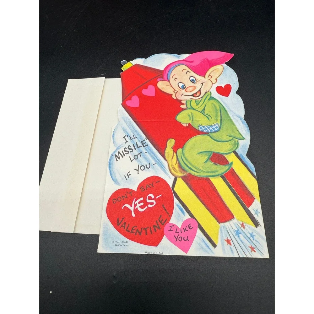 Vintage Walt Disney Valentine Card Dopey Rocket Atomic Space Theme 1960 Envelope